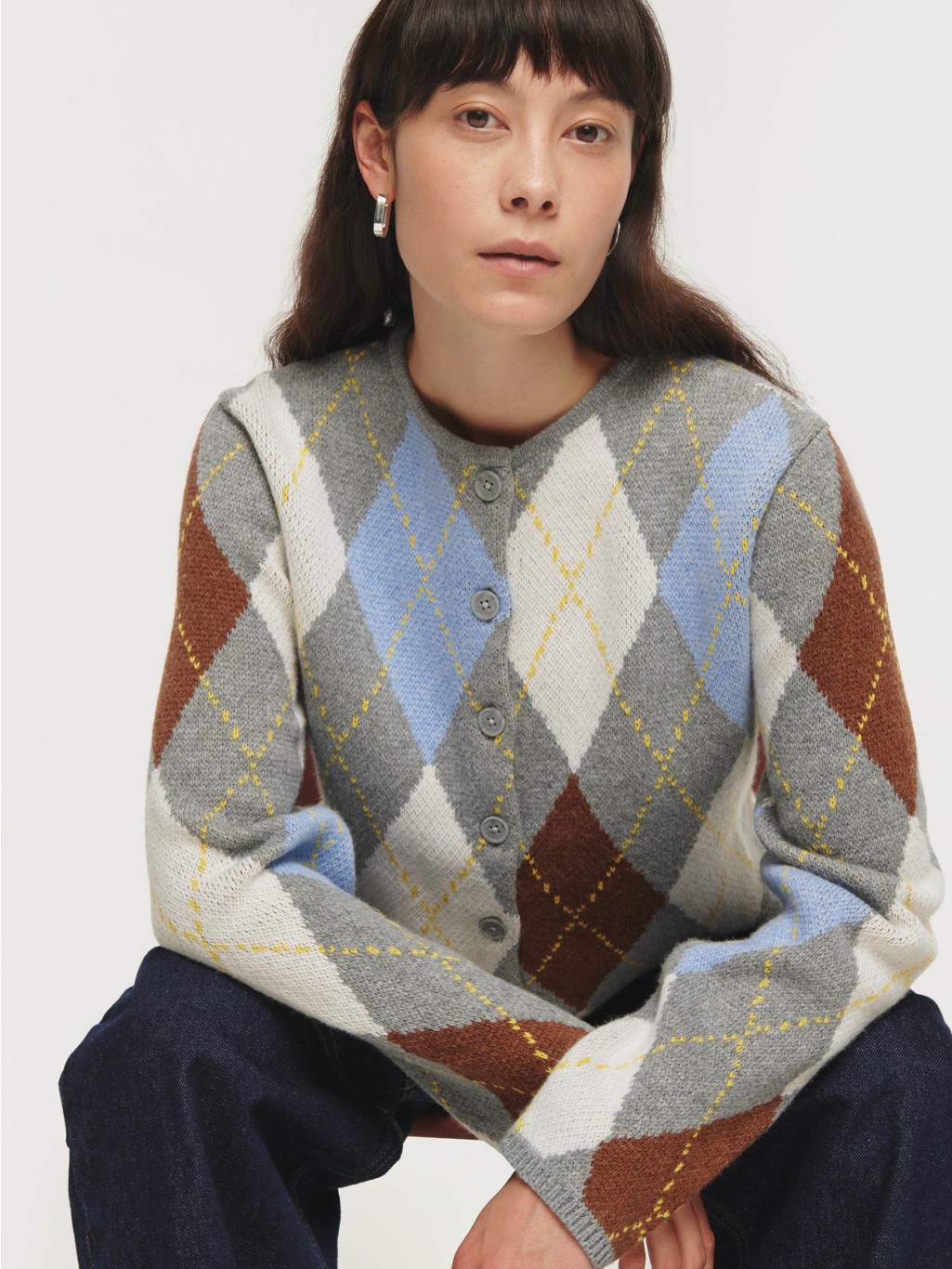 Marled Argyle Button-Front Cardigan - Grey, Blue, Cream & Brown